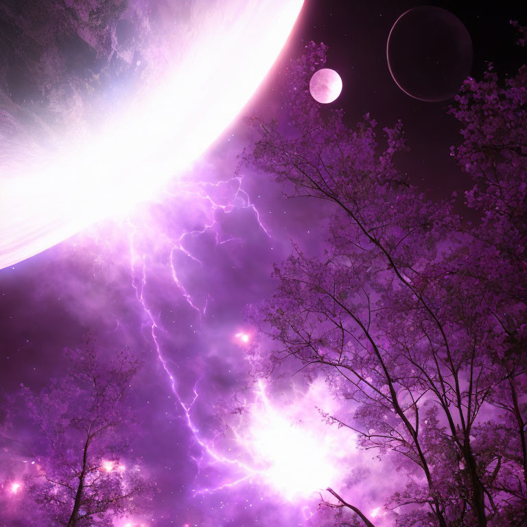 Purple Nebula and Lightning in Cosmic Scene