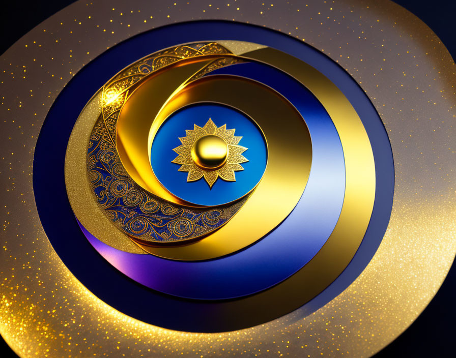 Gold and Blue Concentric Circles with Ornate Patterns on Dark Background