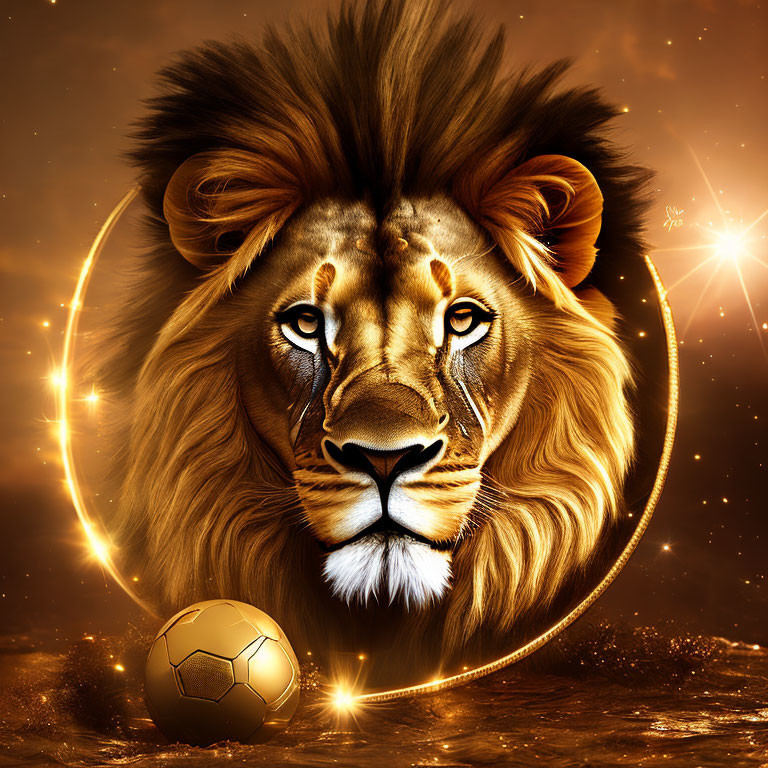 Golden-maned lion's head with halo above soccer ball on brown backdrop