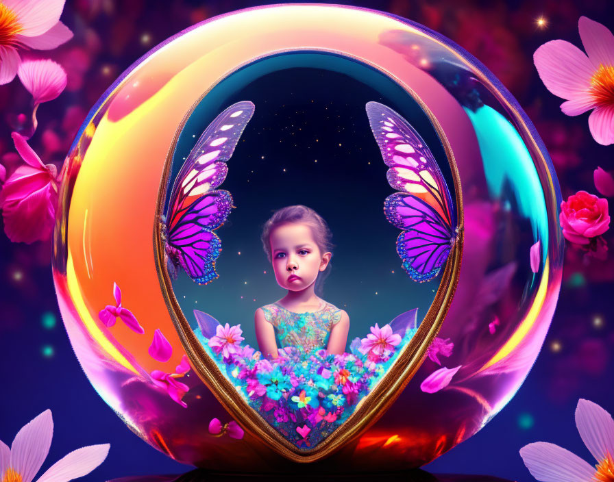 Young girl with butterfly wings in surreal bubble among vibrant flowers & cosmic background
