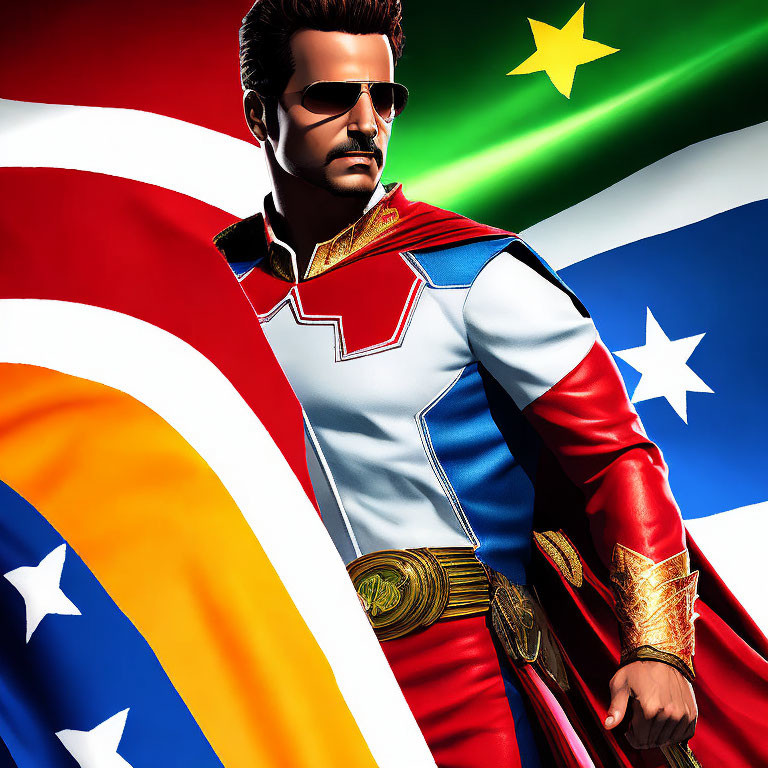 Superhero character with mustache in colorful costume against American and Chinese flags background