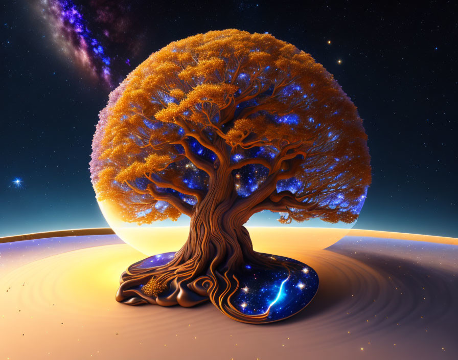 Surreal image of majestic tree with glowing orange canopy on starry roots