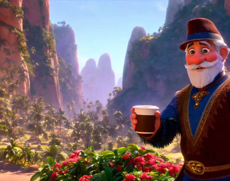 White-bearded animated character in top hat and blue coat holding cup near red flowers and rock formations