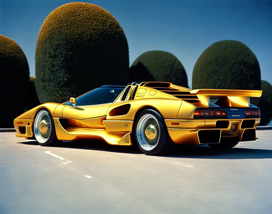 Golden sportscar with gull-wing doors parked by green hedges under blue sky