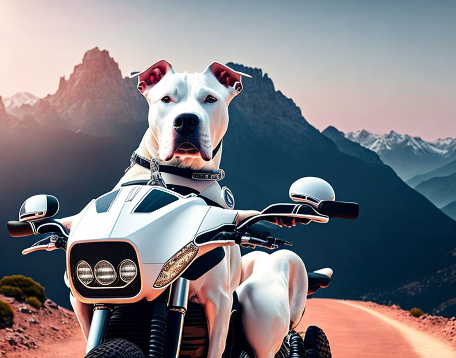 White Dog in Sunglasses on Motorcycle with Sunset and Mountains