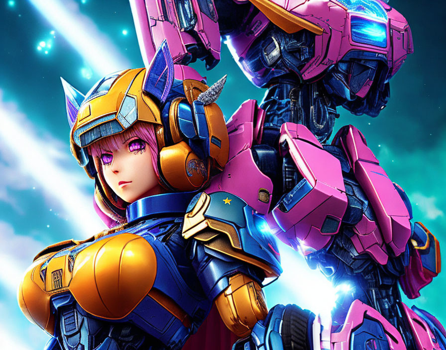 Detailed Blue and Pink Mech Suit on Female Anime-Style Character