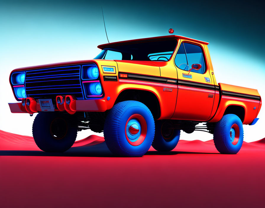 Colorful illustration of orange pickup truck with blue tires on gradient background
