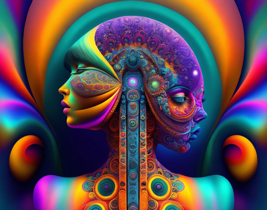 Colorful digital art: Woman's profile with psychedelic patterns and abstract shapes