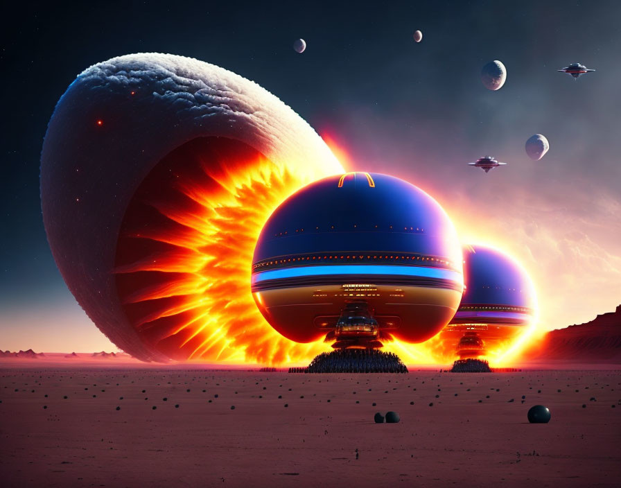 Futuristic desert landscape with spaceships, fiery planet, and moons