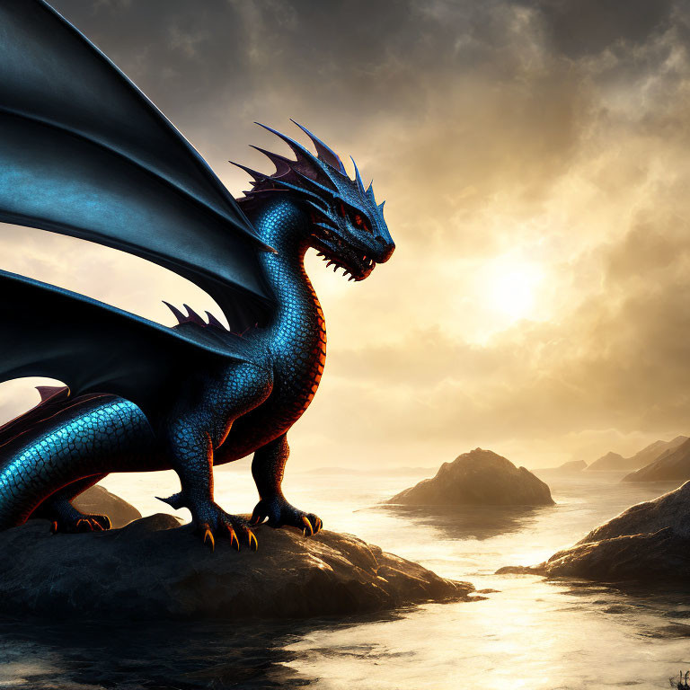 Majestic blue and orange dragon on rocky terrain with dramatic seascape at sunset