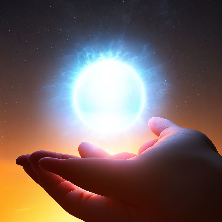 Glowing orb hovering above open hand against twilight sky