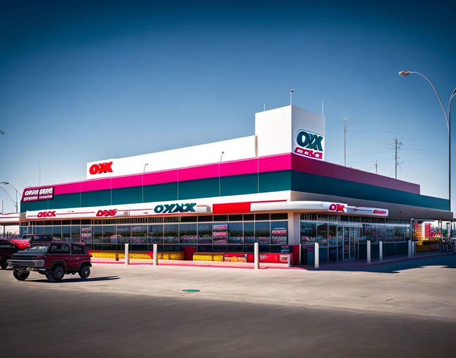 Colorful Gas Station with Pink, White, & Teal Palette and Parked Car