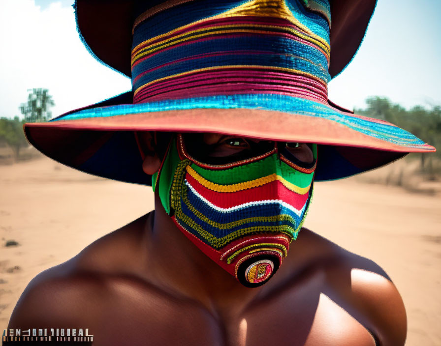 Colorful Striped Hat and Matching Face Mask Outdoors with Sandy Background