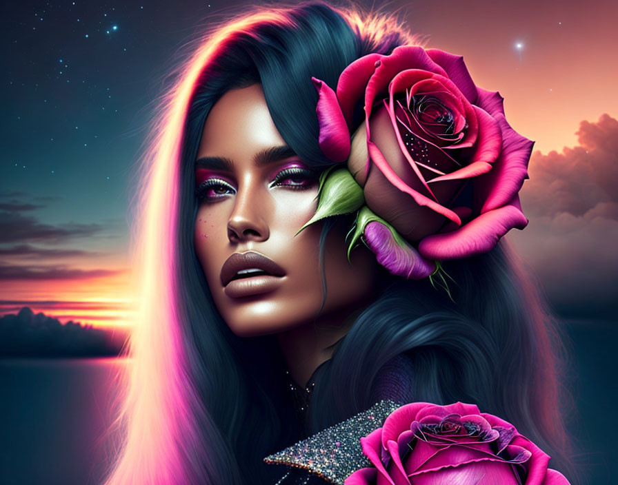 Surreal portrait of woman with rose features and pink hair in sunset backdrop