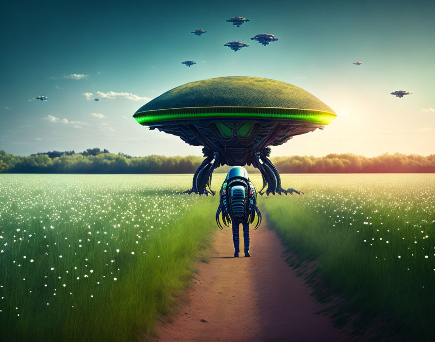 Futuristic figure near large UFO in sunset field