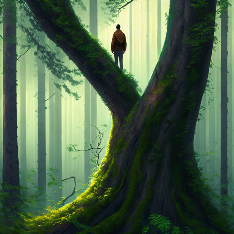 Person in lush forest surrounded by towering trees and sunlight filtering through mist.