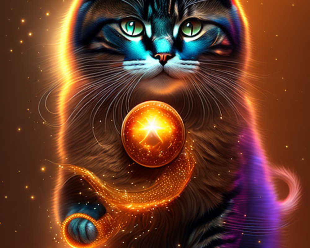 Cosmic cat with blue eyes and glowing fur on orange background