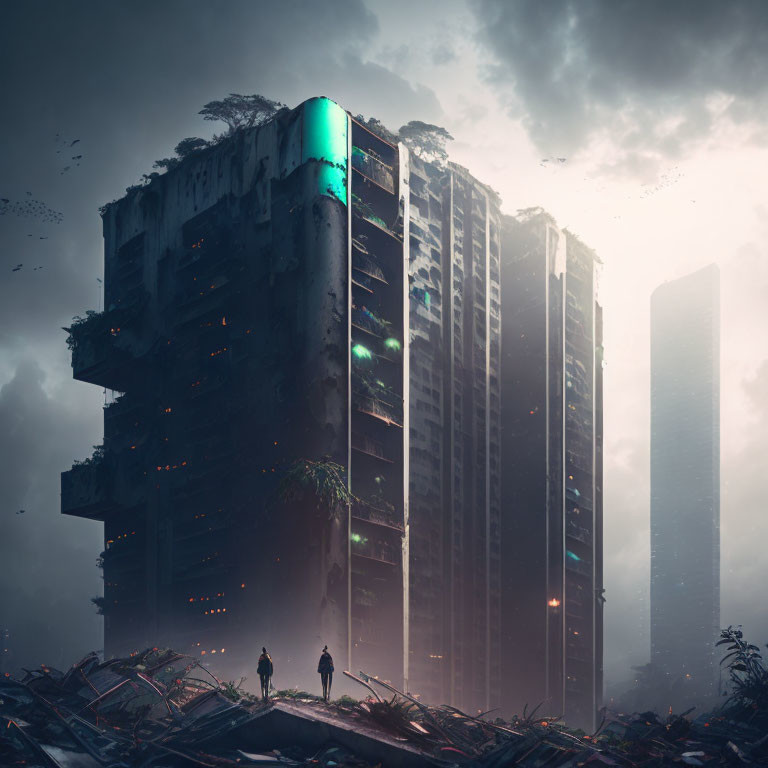 Dystopian landscape with towering skyscraper and two individuals