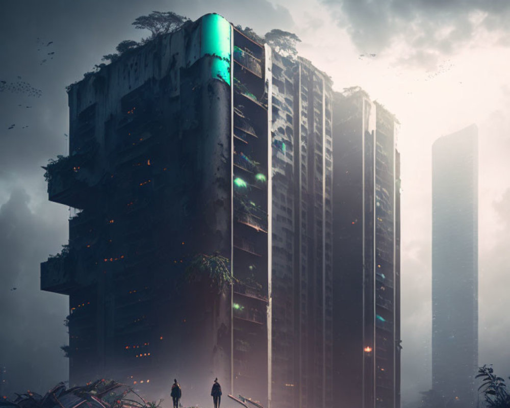 Dystopian landscape with towering skyscraper and two individuals