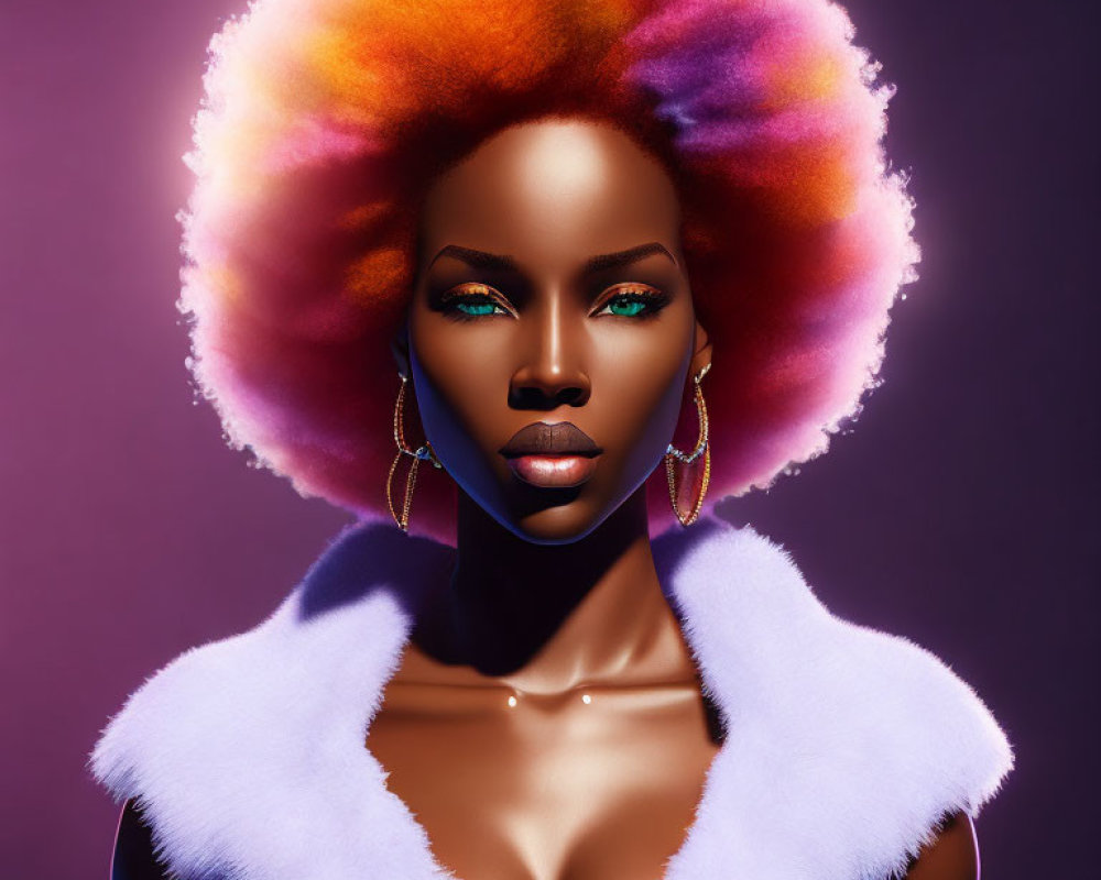 Vibrant multicolored afro hairstyle and striking makeup portrait