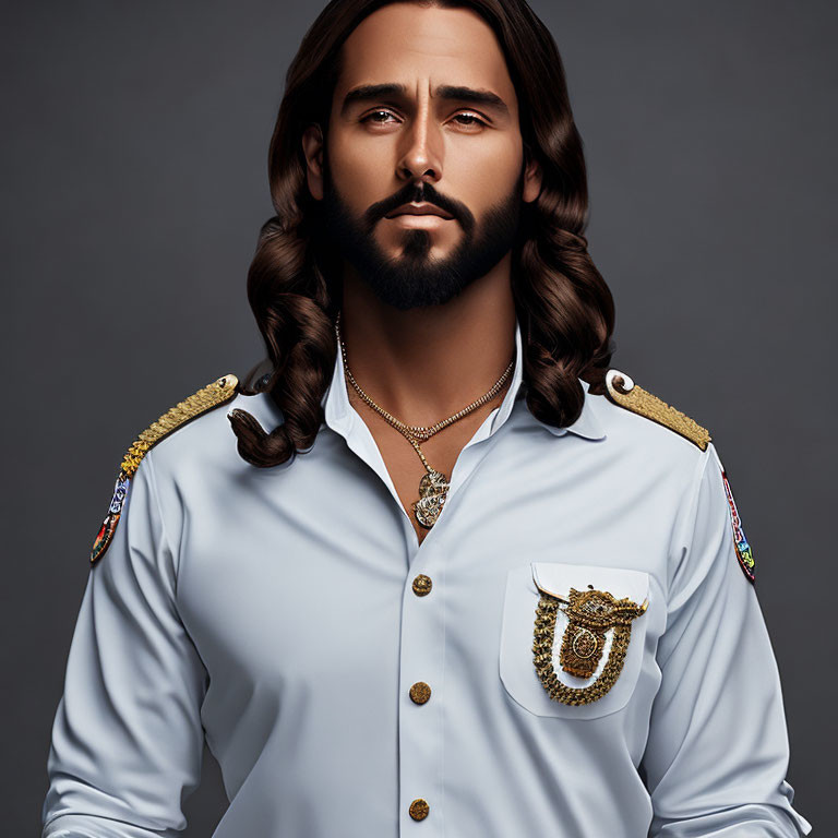 Stylized portrait of man with long hair, beard, and military shirt