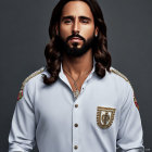 Stylized portrait of man with long hair, beard, and military shirt