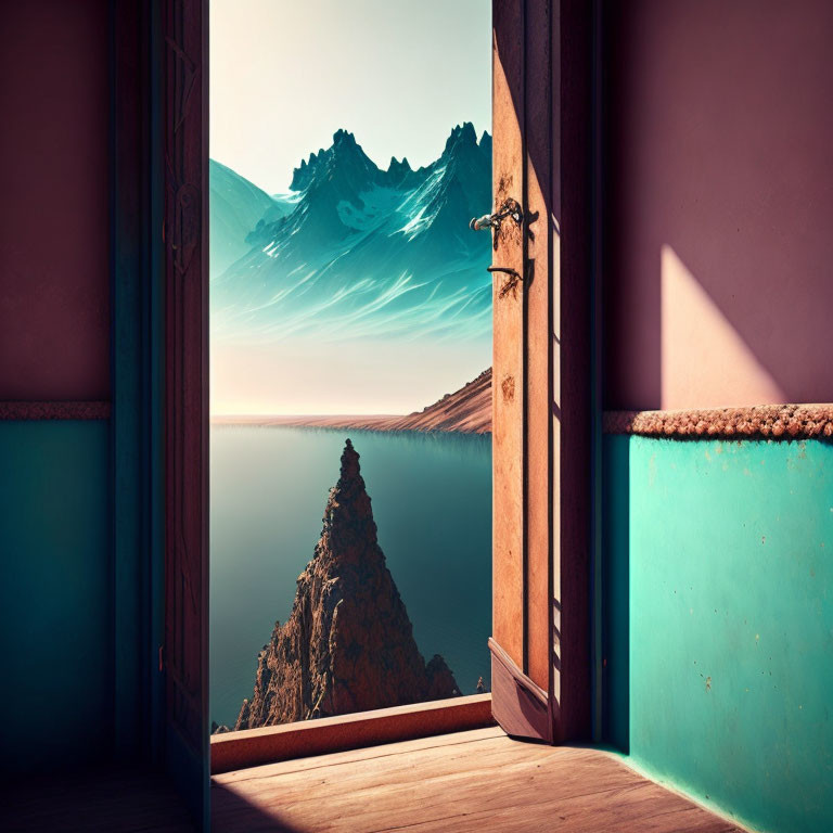 Room door opens to surreal landscape: rocky peak, tranquil sea, towering mountains, pink sky