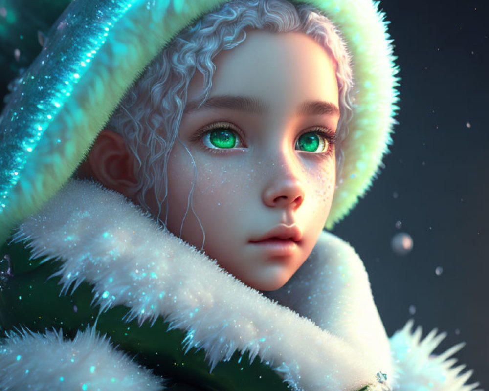 Child with Green Eyes and Curly Hair in Sparkly Winter Coat under Snowy Sky
