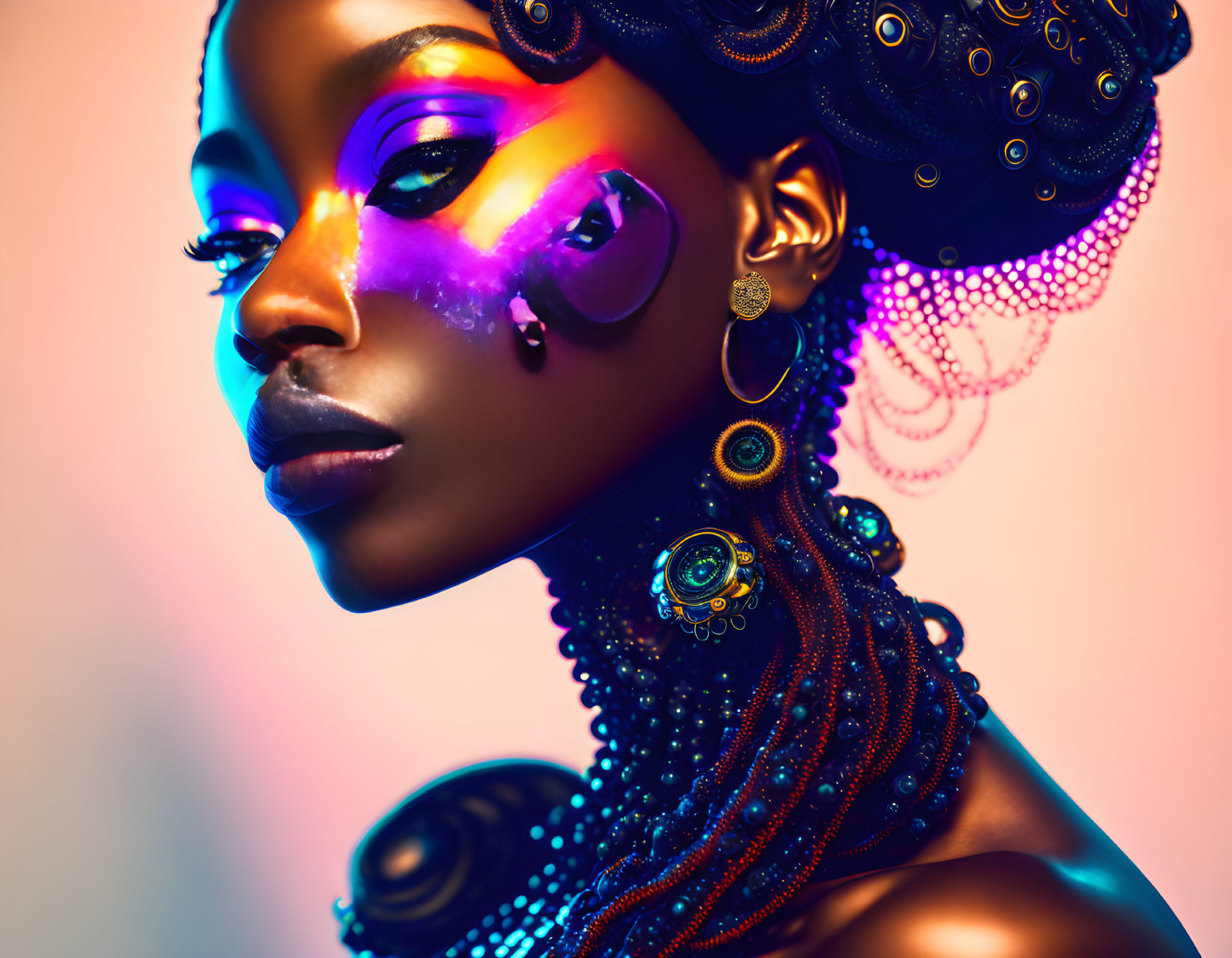 Vibrant, colorful makeup on woman in futuristic style