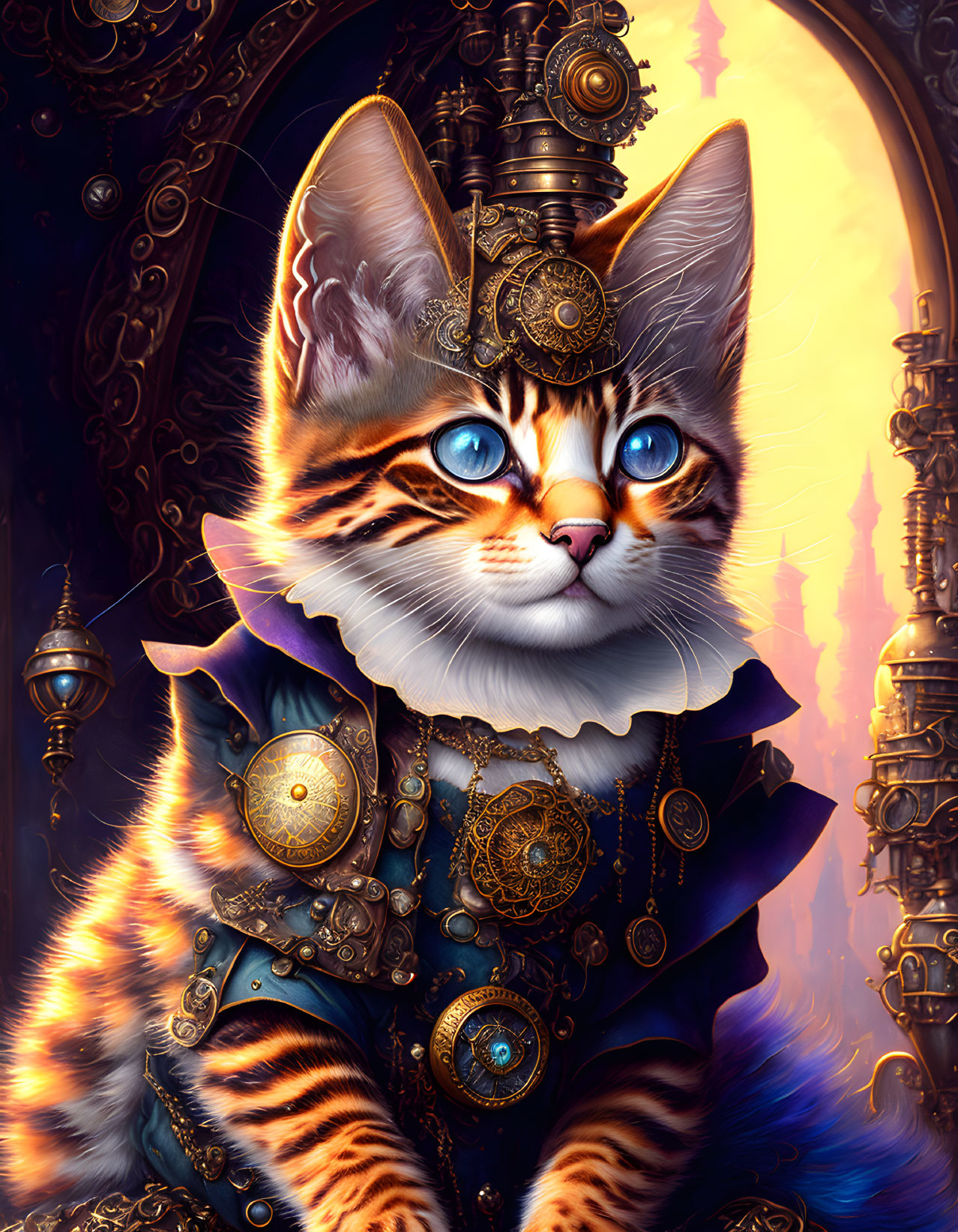 Steampunk-style illustrated cat in Victorian outfit with gears on golden backdrop