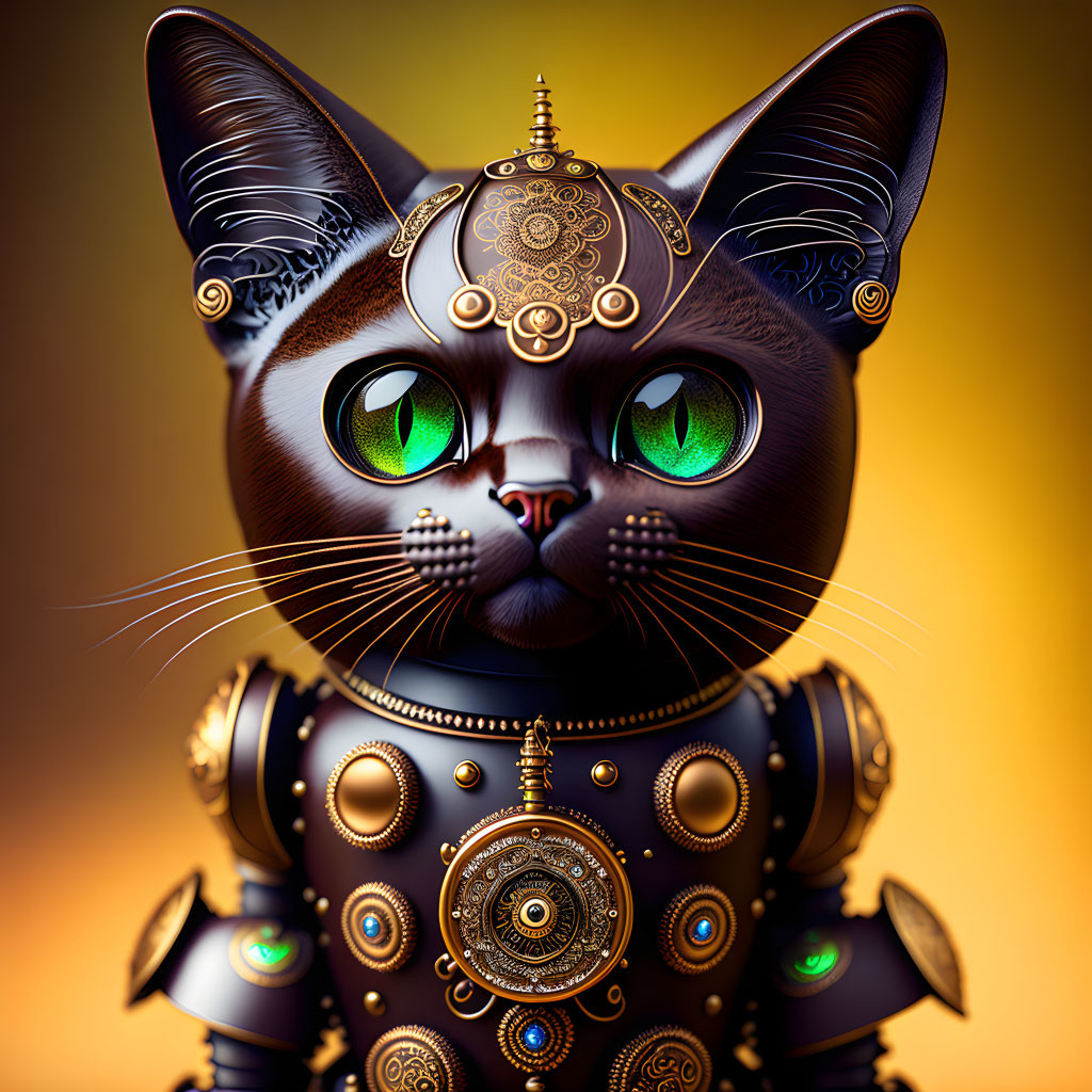 Steampunk-style cat digital illustration with large green eyes on warm yellow background