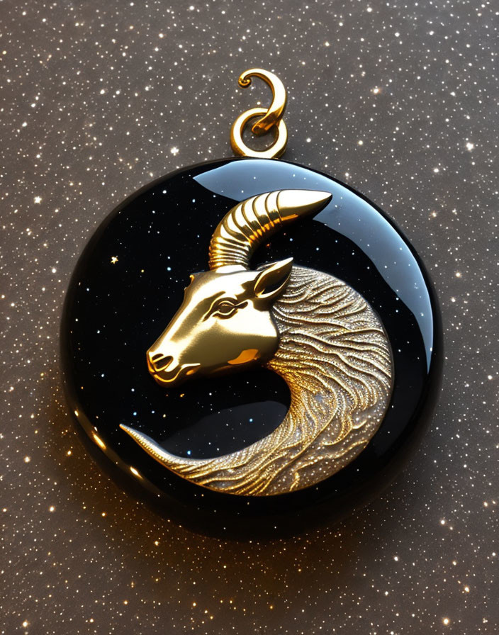 Golden Ram's Head Pendant on Black Background with Starry Sparkle Effect