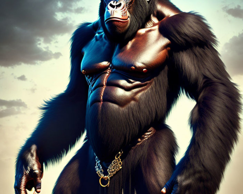 Muscular gorilla with shiny coat and gold chain against cloudy sky