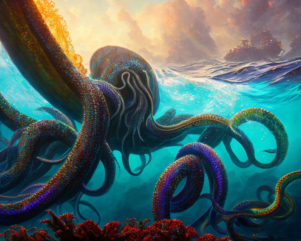 Colorful Octopus Emerging from Ocean with Ship in Sunlight