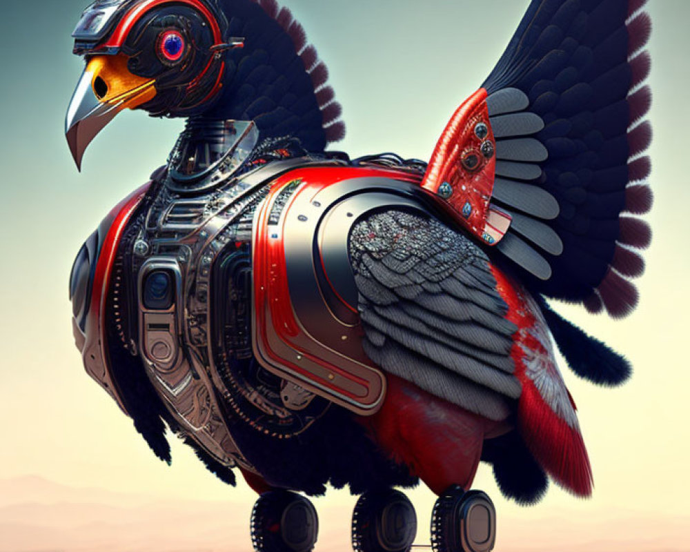 Detailed mechanical bird with vibrant feathers and robotic limbs in desert landscape