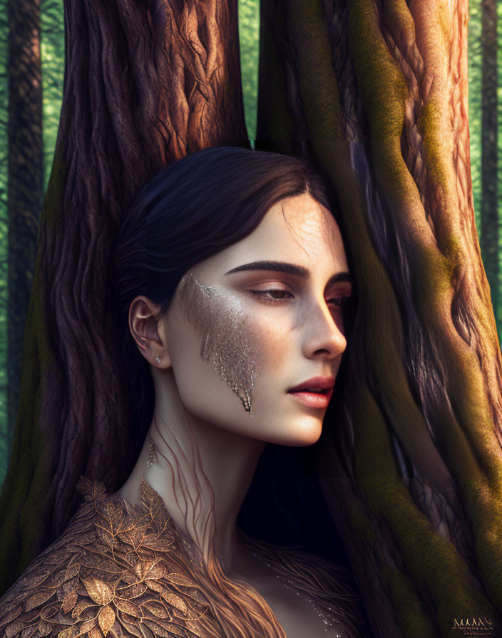 Fantasy-themed digital artwork of woman with metallic face paint and golden leafy garment