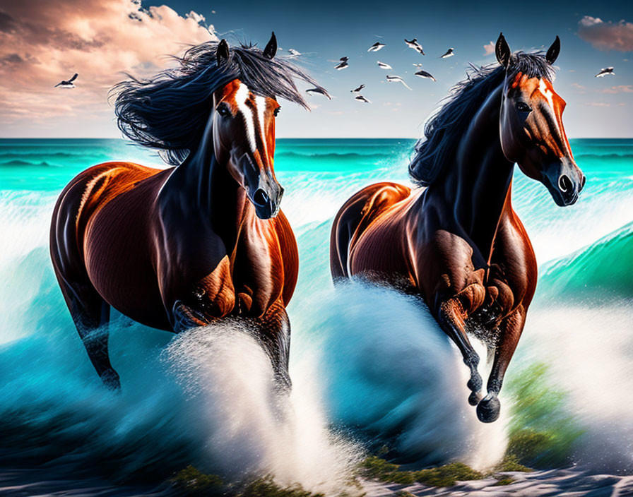 Majestic horses galloping in ocean waves with birds in vibrant sky