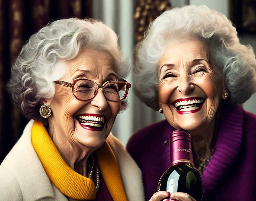 Elderly women with gray hair laughing in elegant attire