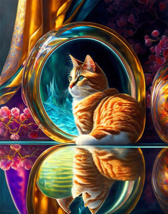 Orange Tabby Cat with Reflective Sphere and Cherry Blossoms Background