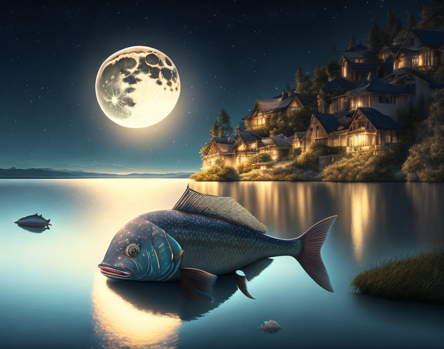 Giant fish in surreal lakeside village under starry sky