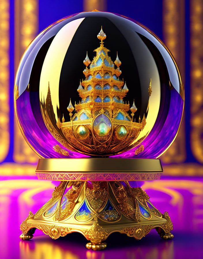 Detailed Ornamental Sphere Featuring Golden Temple on Stand - Purple Background