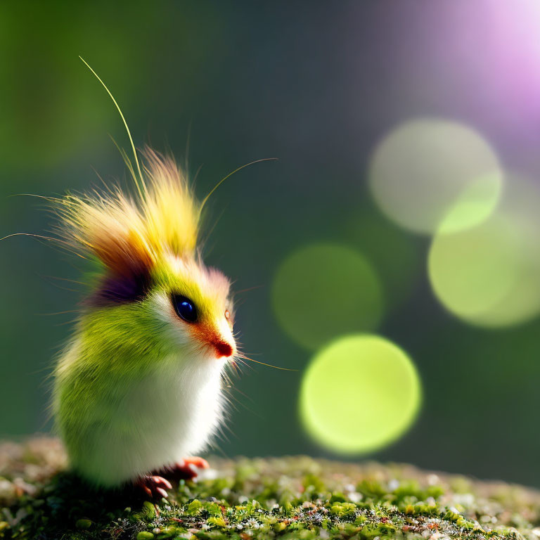 Fluffy yellow and green creature with expressive eyes on mossy surface