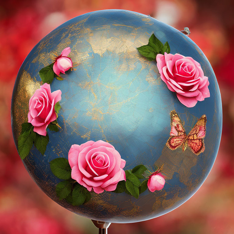 Vintage-style globe with pink roses and butterfly on red bokeh background