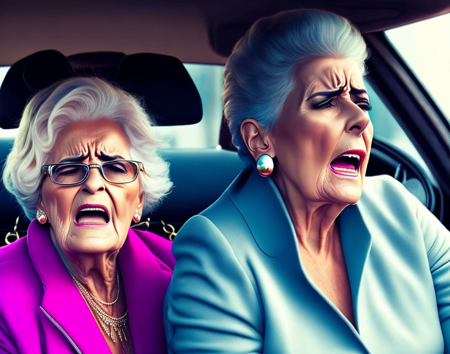 Elderly women in car with shocked expressions and vibrant outfits