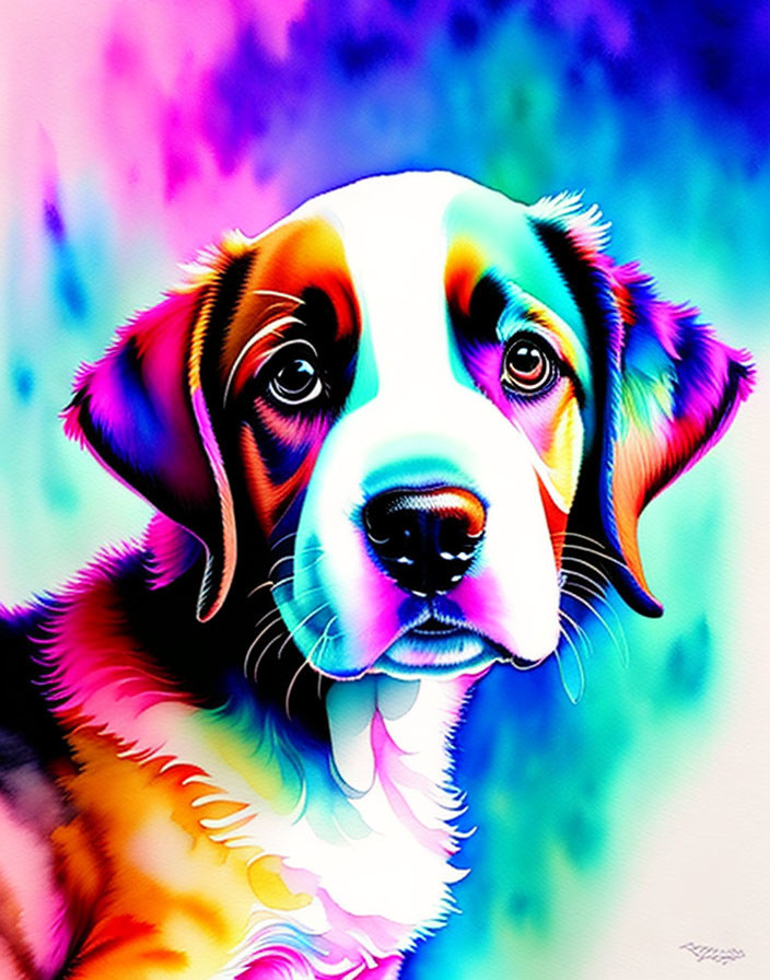 Colorful digital artwork: Exaggerated dog with expressive eyes in vibrant hues