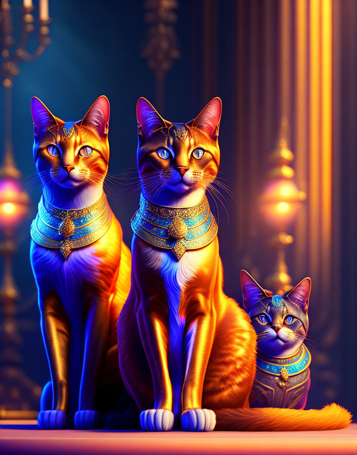 Regal Cats with Blue Eyes and Golden Collars Against Luxurious Backdrop