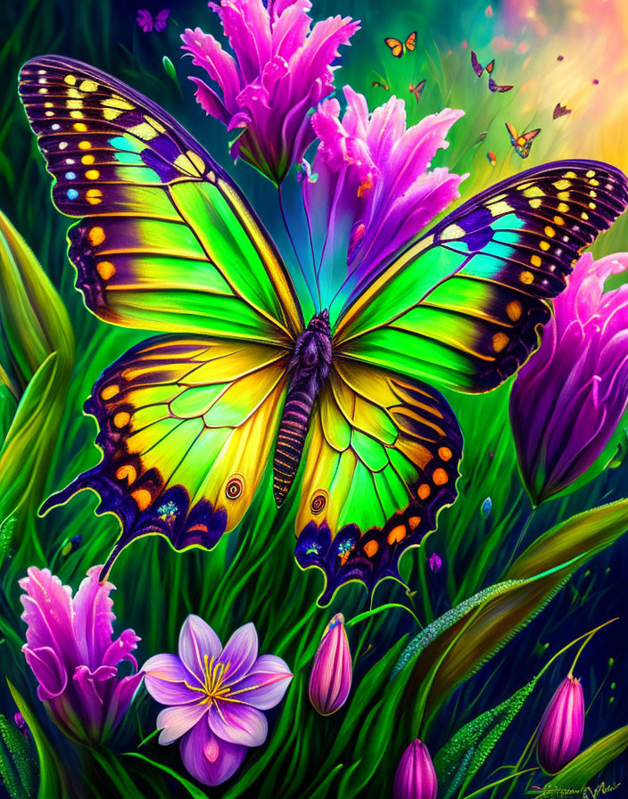 Colorful Butterfly Digital Painting with Floral Surroundings