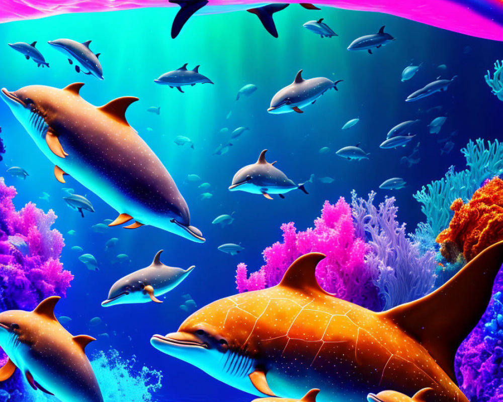 Colorful dolphins and corals in vibrant underwater rainbow scene