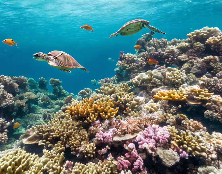 Vibrant coral reef with colorful fish and sea turtles