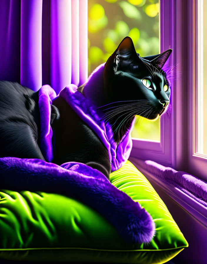 Black Cat with Green Eyes on Green Cushion by Purple Curtains